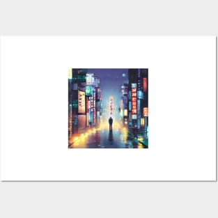 Tokyo Neon - A Lonely Man in the middle of Night Lights Posters and Art